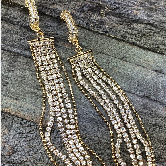 NEW Rhinestones & Gold Fringe Statement Earrings - Picture 1 of 14
